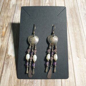Vintage Heart Dangle Earrings Pearl Beads Purple Crystal Hooks Boho Jewelry